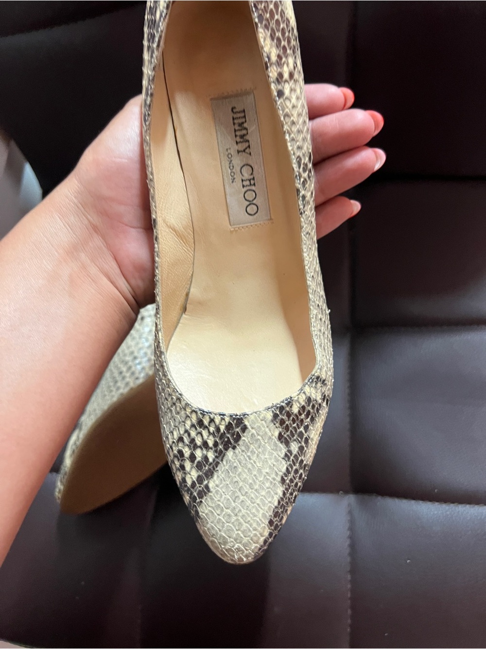 Jimmy Choo Beige and Brown Snakeskin Pointed-Toe Pumps - Picture 6 of 9